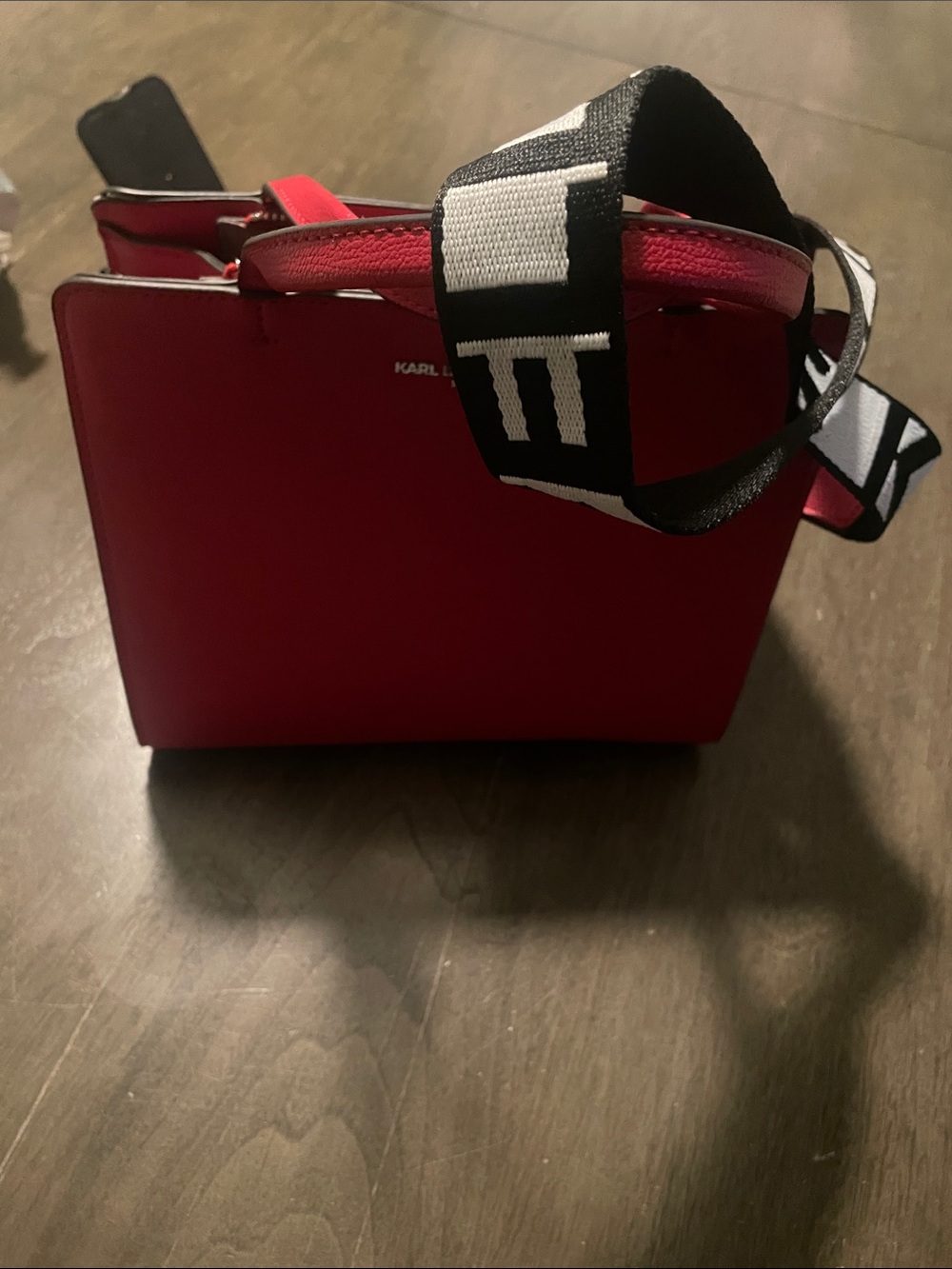 Karl Lagerfeld Red Leather Tote with Black-and-White Logo Strap